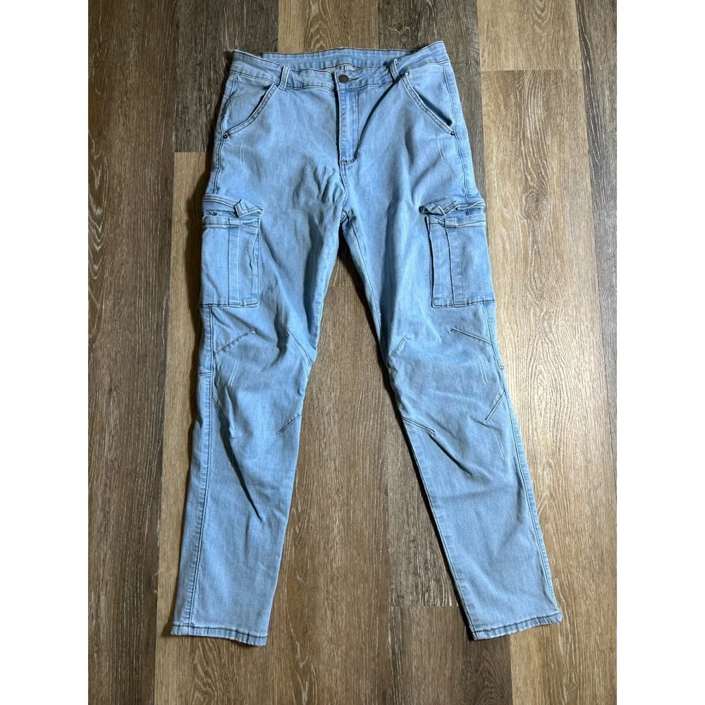 Romwe Cargo Jeans Womens 32 Light Blue Good Slim Tapered Multi Pocket Denim